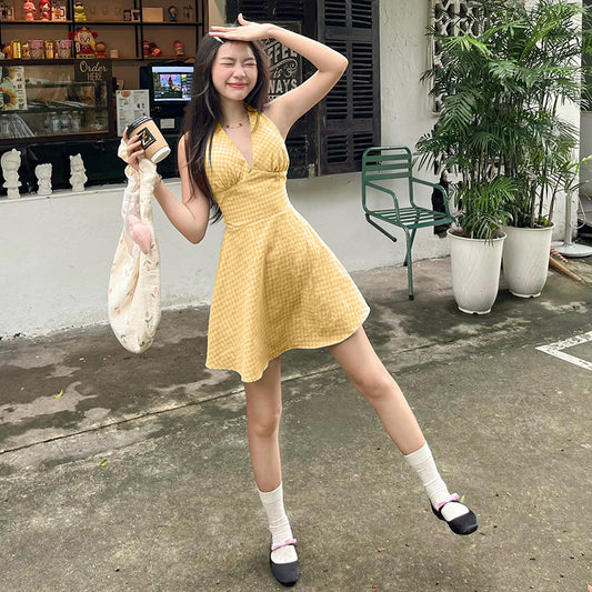 Sexy backless hanging neck plaid A-list dress for women