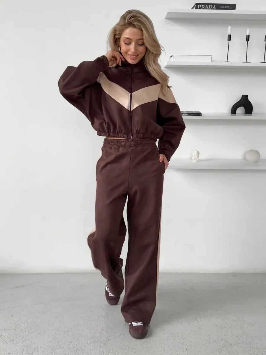 Women's long sleeved zipper jacket, elastic long pants two-piece set