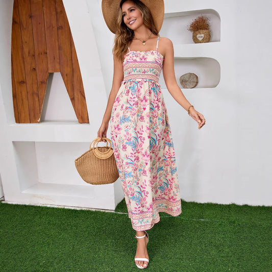 Real Shot Ethnic Print Bohemian Tie-up Backless Dress Beach Summer Strap Long Dress