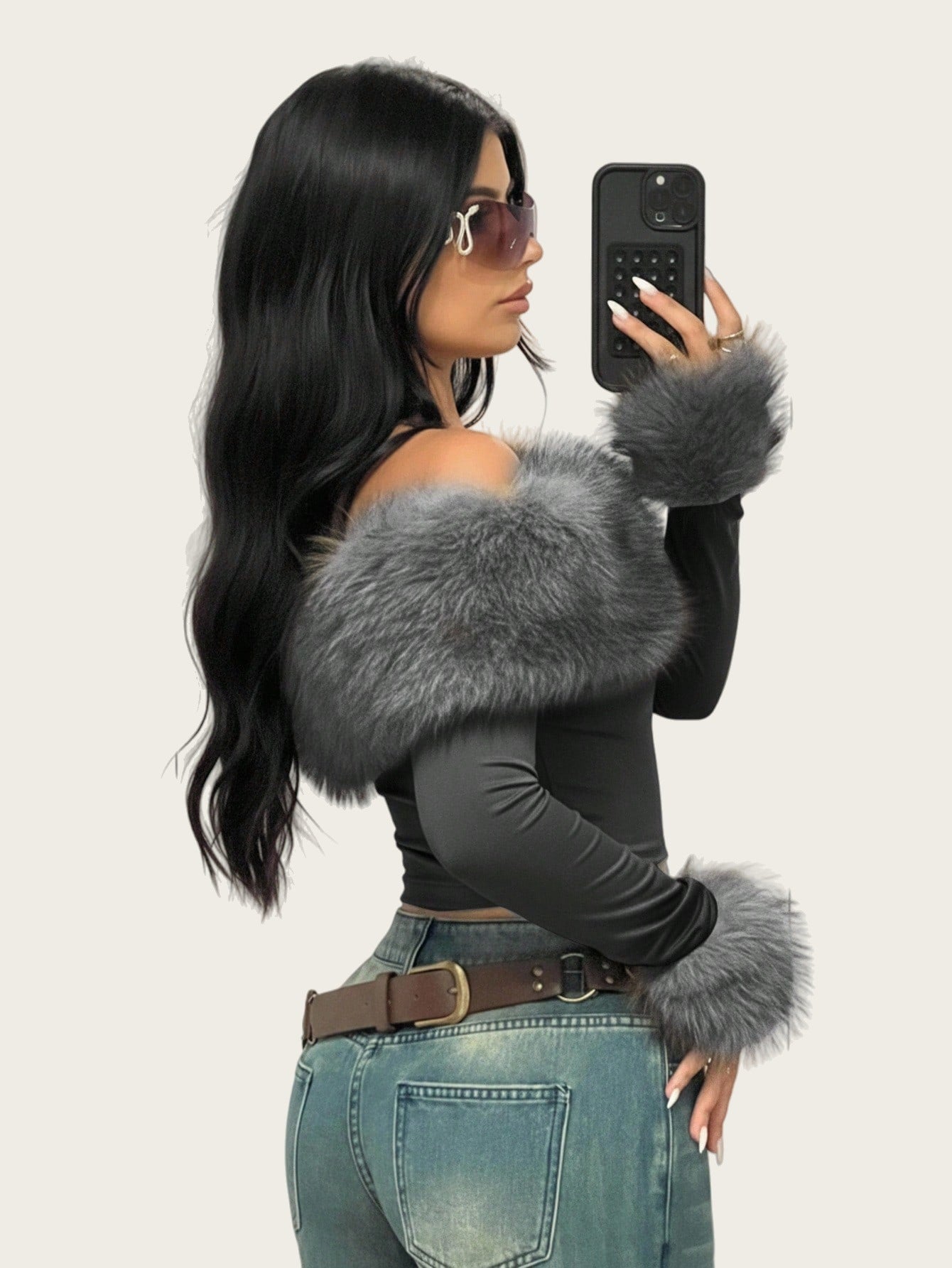 Chic Faux Fur Collar Off-Shoulder Long Sleeve Women's T-Shirt, Fashion Streetwear, Slim Fit, Casual Top for Spring and Autumn