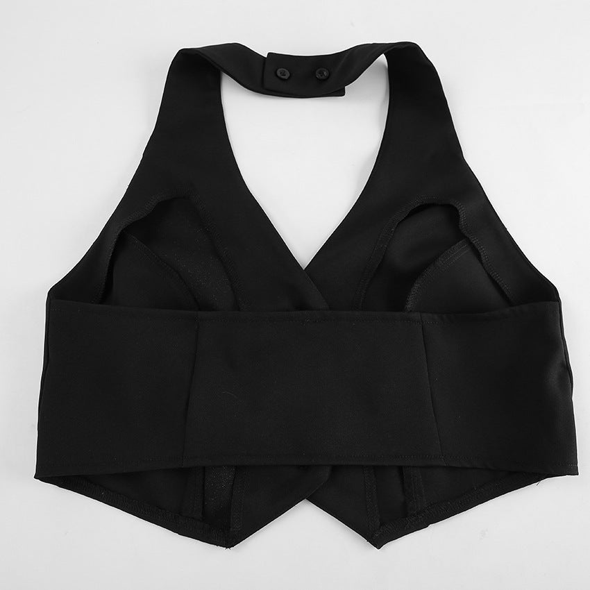 European and American style commuting V-neck backless hanging neck vest high waisted skirt set