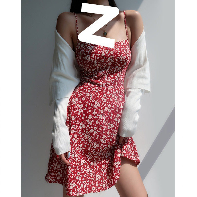 French Vintage Girl V-Neck Red Floral Strap Dress Slim Fit Waist-Cinching Tie-Up Short Dress Vacation Dress