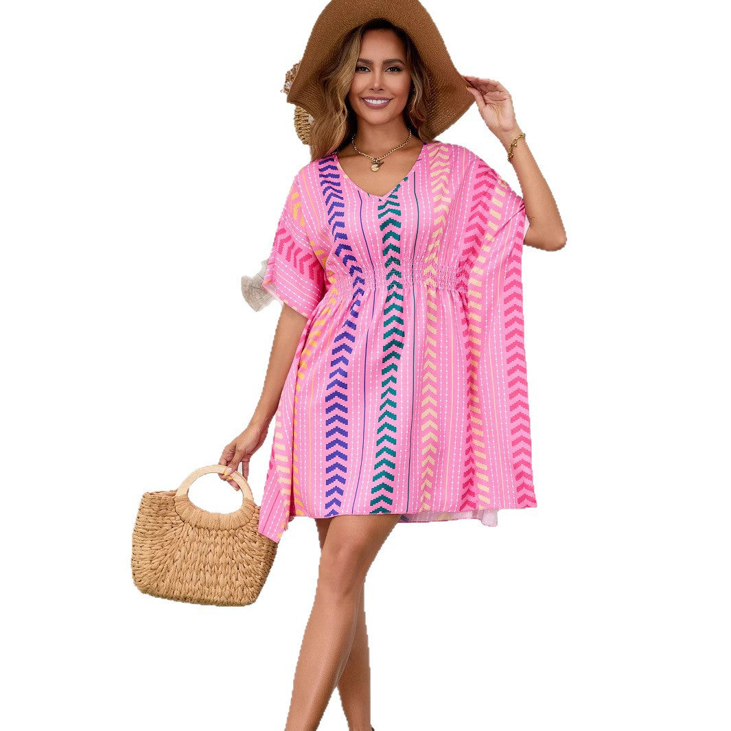 Bohemian Vacation Style Printed Sweet Dress V-Neck Kaftan