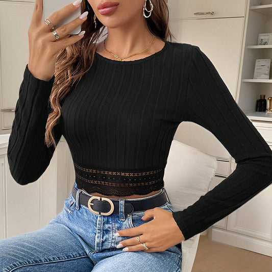 Women's clothing simple and versatile style autumn and winter lace lace lace lace slim fit short sleeved top