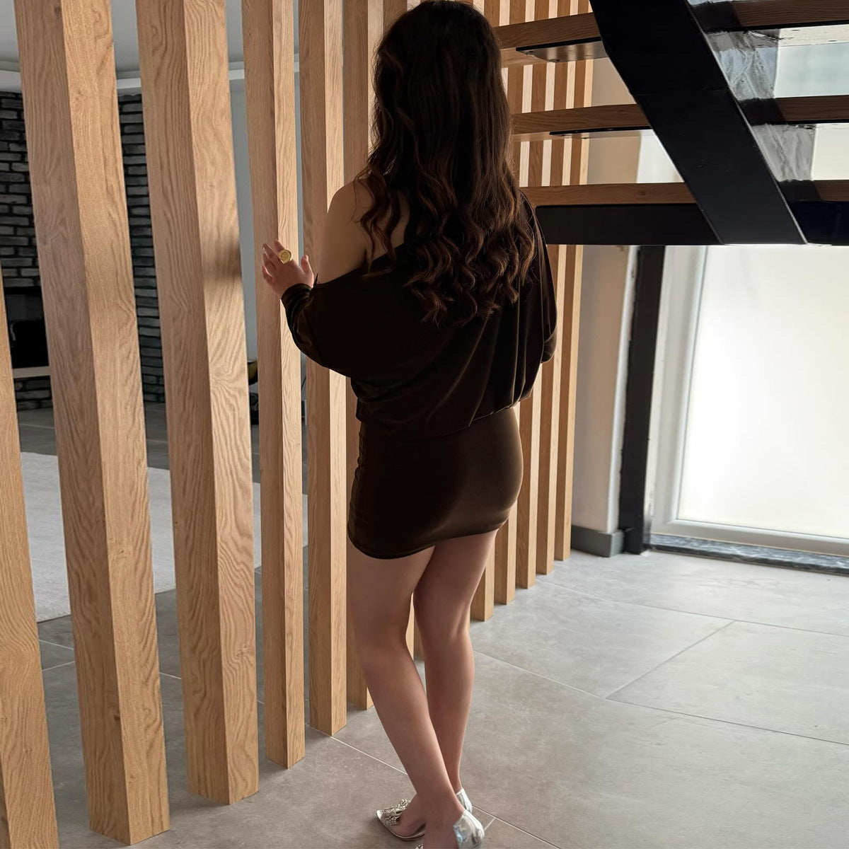 Slant neck off shoulder wrap dress