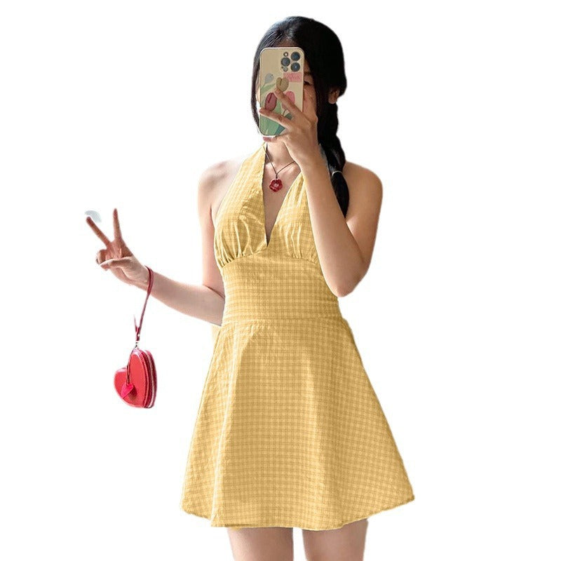 Sexy backless hanging neck plaid A-list dress for women