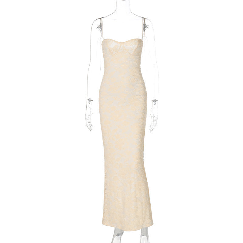 Women's Sexy Lace Splicing Strapless Backless Long Fitted Strap Dress