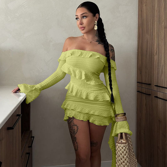Fashionable one shoulder lotus leaf edge flared sleeve ribbon dress