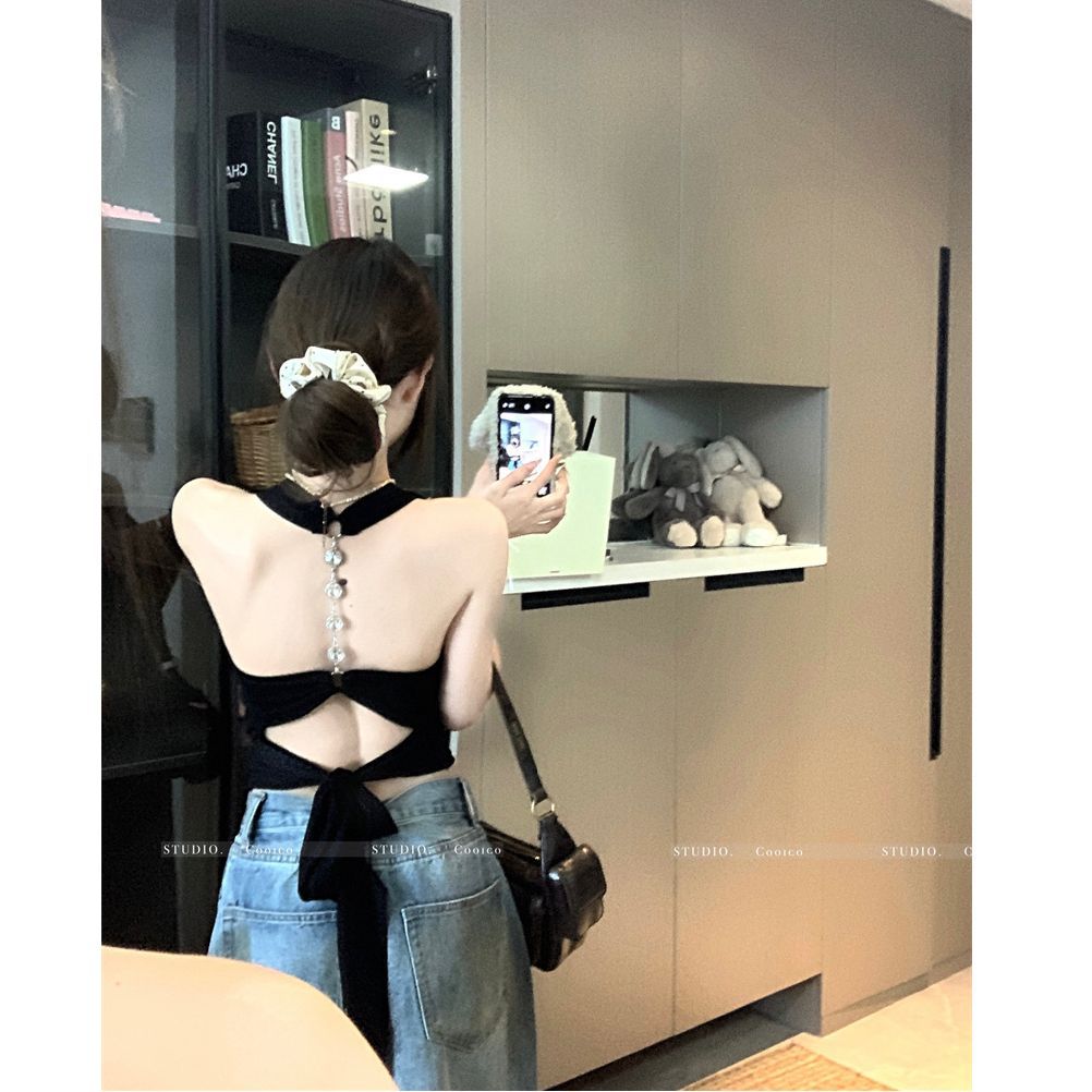 Sexy Backless Halter Neck Strapless Crop Top for Women Spicy Girl Tie Design Short Section Blouse