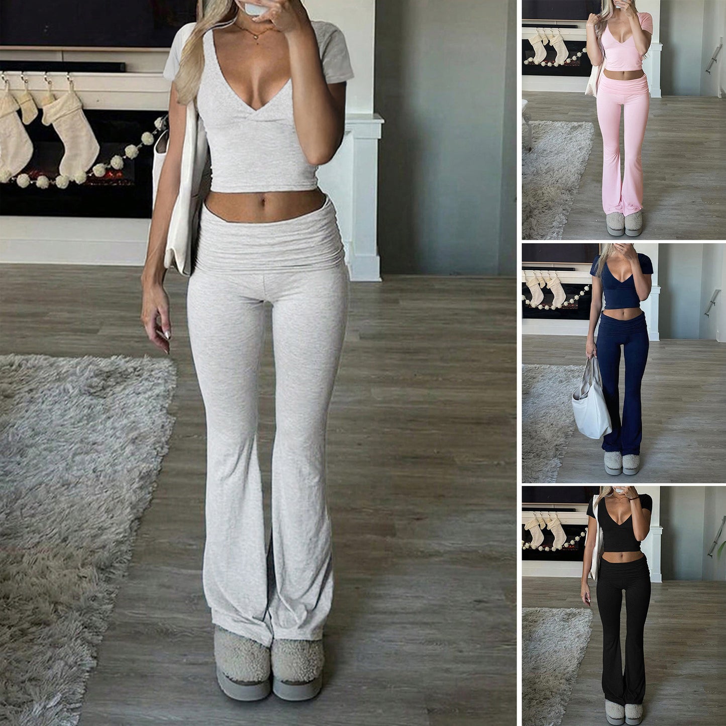 V-neck T-shirt and micro flared pants 2-piece set