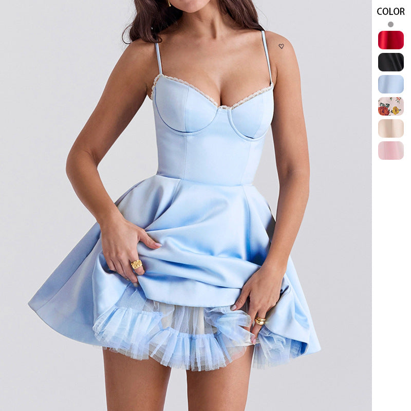 Strap slim fit backless puffy dress for women