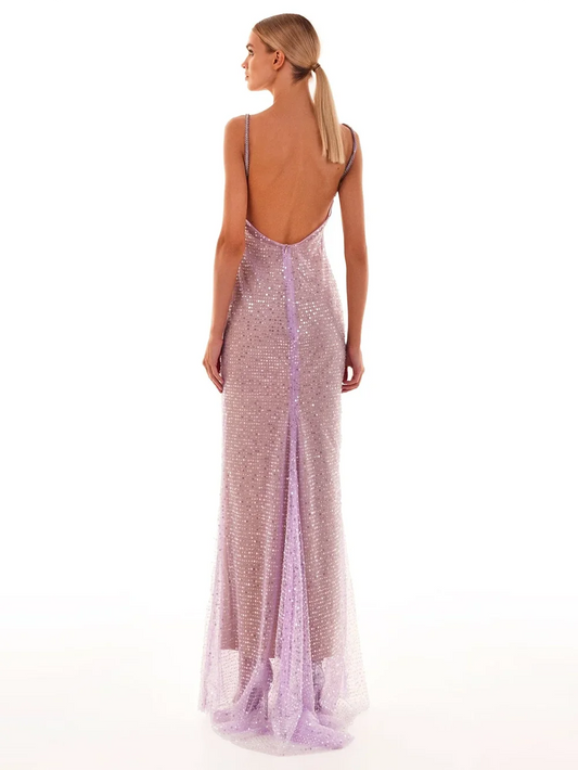 Summer New Chain Strap Sexy Sequins Backless Beaded Mesh Long Dress Slim Fit Celebrity Evening Party Gowns