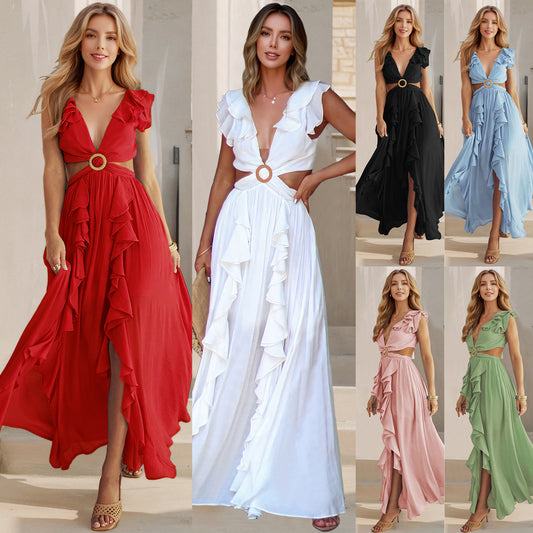 Sexy Fitted Backless Dress V-Neck Ruffle Slit Long Dress