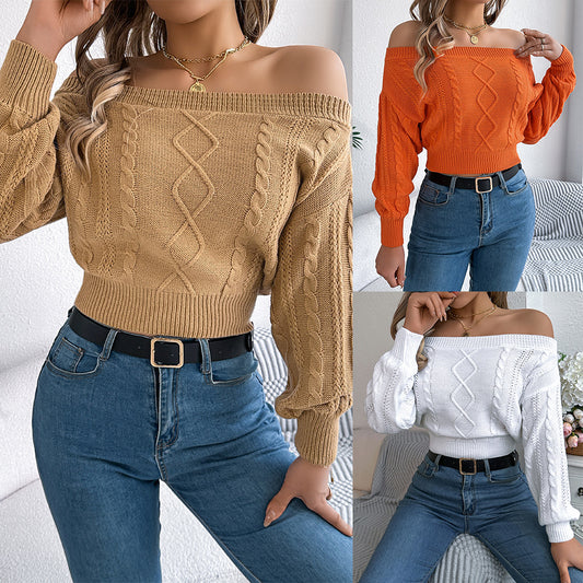 Solid color one neck off shoulder long sleeved pullover sweater