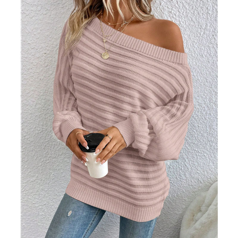 Solid color one neck bat sleeve pullover sweater for women