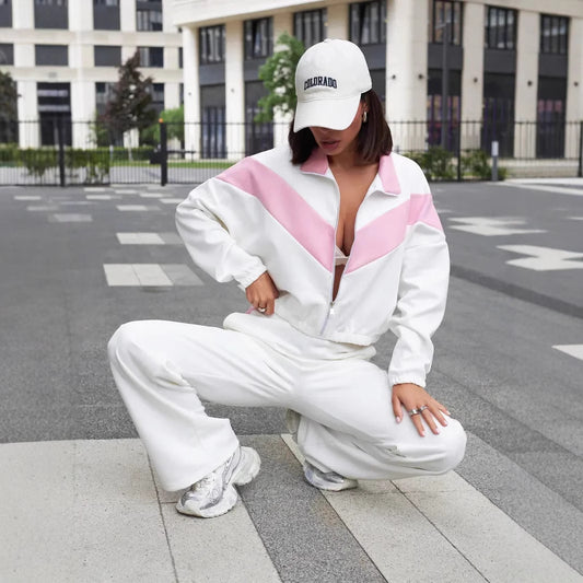 Women's long sleeved zipper jacket, elastic long pants two-piece set