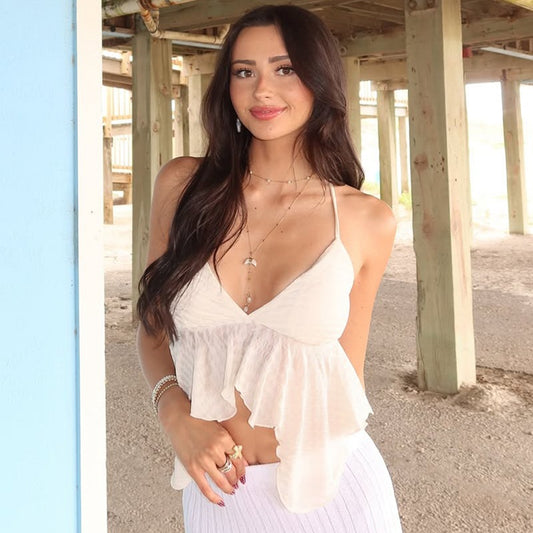 Women's Low-Cut V-Neck Solid Texture Halter Backless Crop Top