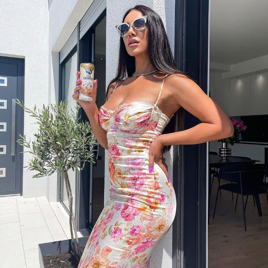 Printed slim fit backless camisole dress