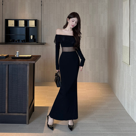 Spicy girl wrapped buttocks skirt sexy mesh one shoulder dress