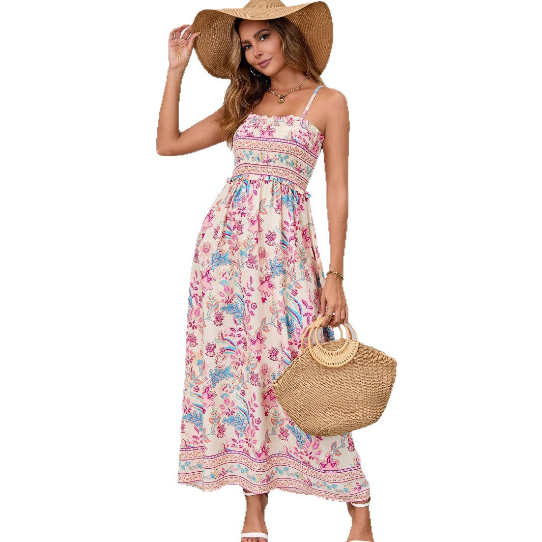 Real Shot Ethnic Print Bohemian Tie-up Backless Dress Beach Summer Strap Long Dress