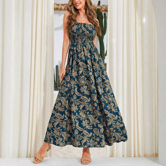 Strap Printed Dress Sleeveless One-Shoulder Long Dress