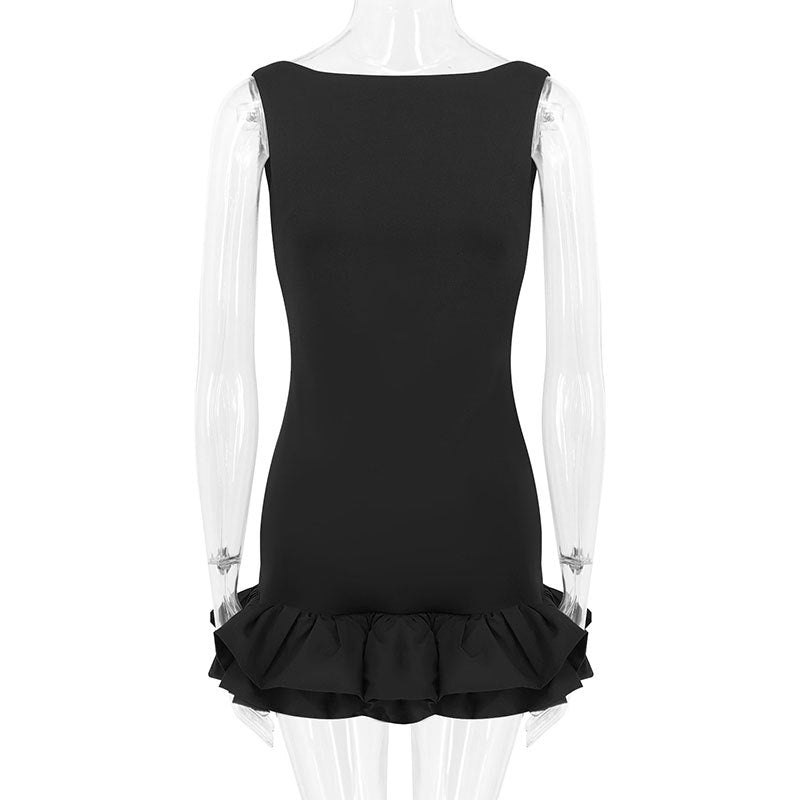 Solid Color Ruffle Hem Sleeveless Backless Dress
