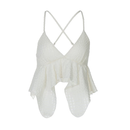 Women's Low-Cut V-Neck Solid Texture Halter Backless Crop Top