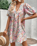 Cute Floral Print V-Neck Puff Sleeve Pleated Casual Loose Dress for Women