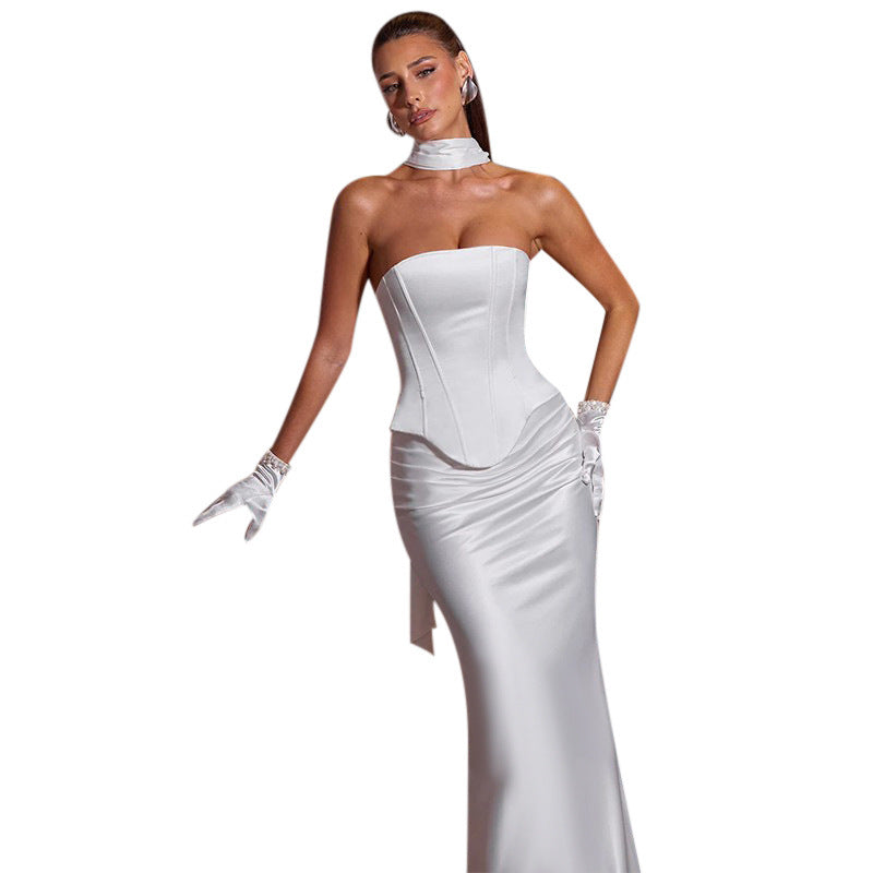 Waist waist top slimming and slimming square neck sexy strapless half skirt set for women