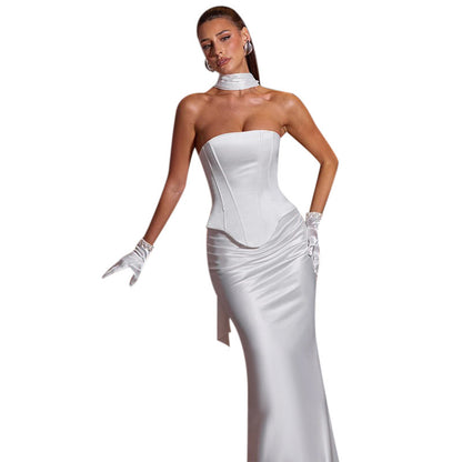 Waist waist top slimming and slimming square neck sexy strapless half skirt set for women