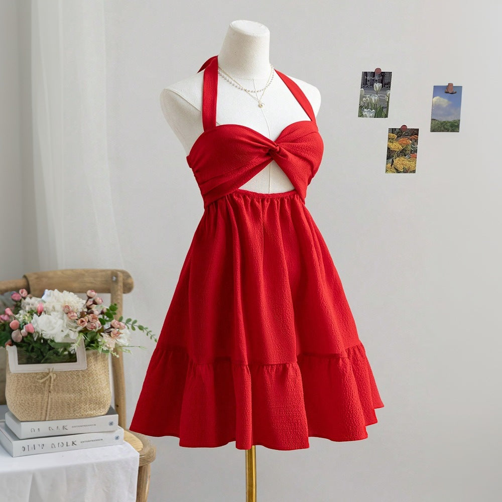 Women's sexy neck hanging red dress, pure desire backless short skirt