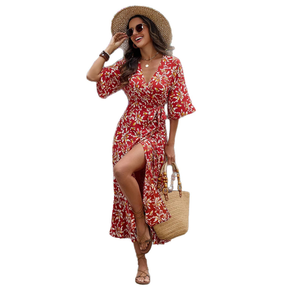 Fashionable Printed V-Neck Tie-Waist Vacation Style Mid-Length Dress