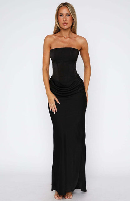 Halter Sexy Strapless Boned Fitted Bodycon High-Grade Satin Long Dress
