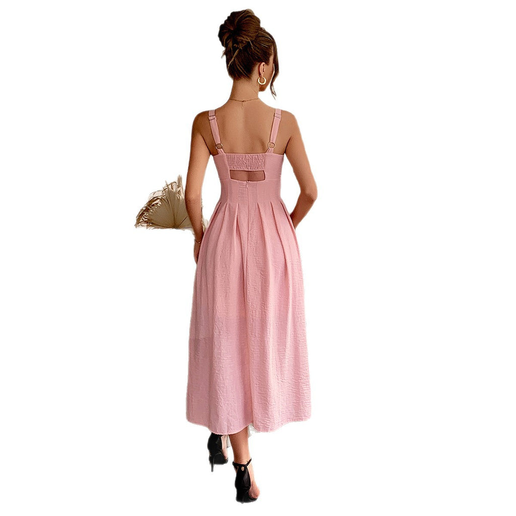 Strap top pleated long dress for women's wear
