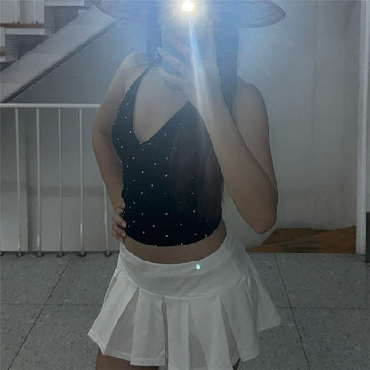 V-neck polka dot print sleeveless slim fit versatile crop top with exposed navel strap