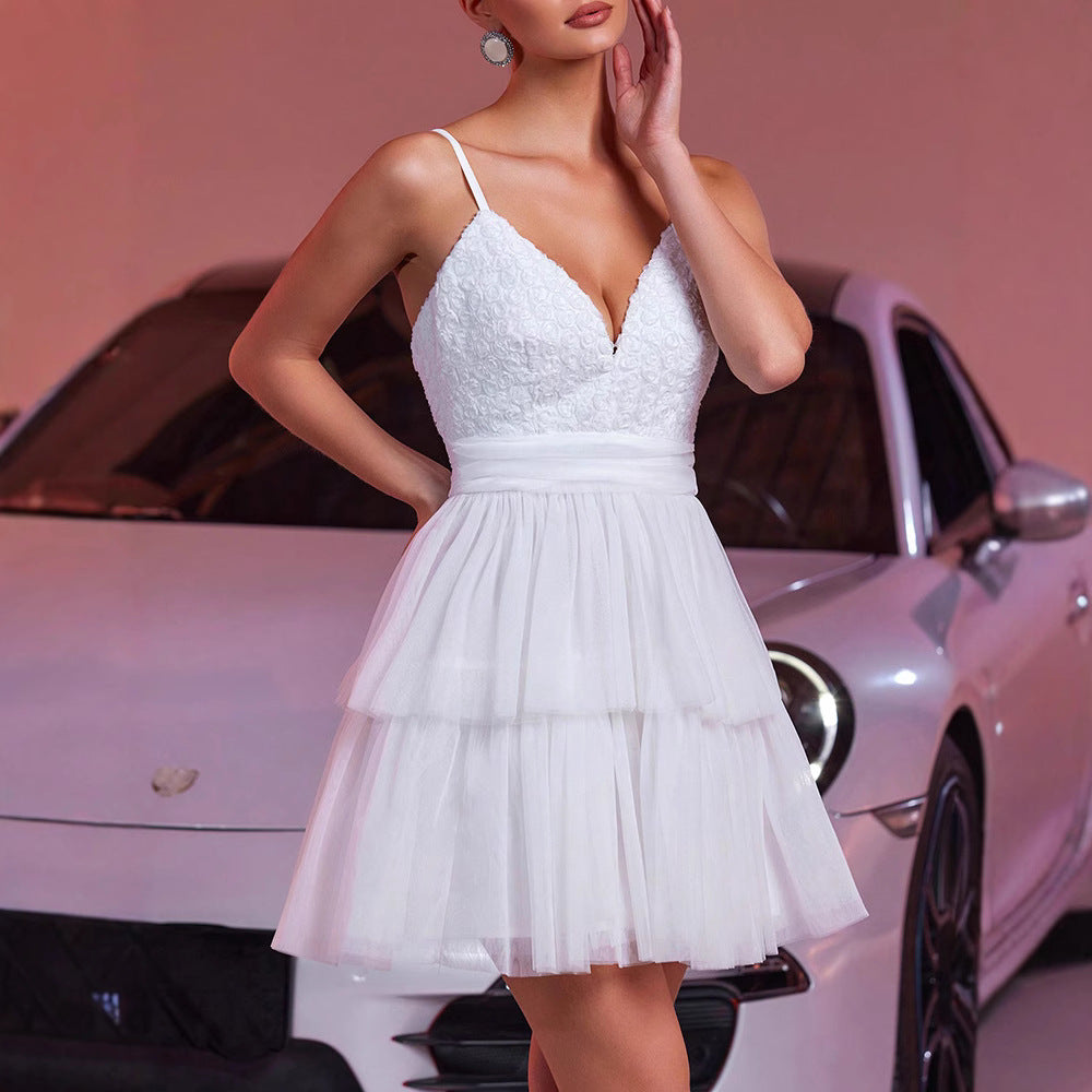 Short dress white mesh suspender dress short skirt