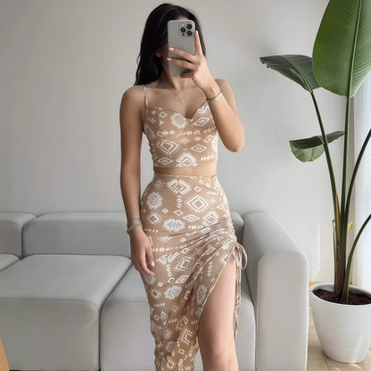 Floral women's camisole top mid length skirt set