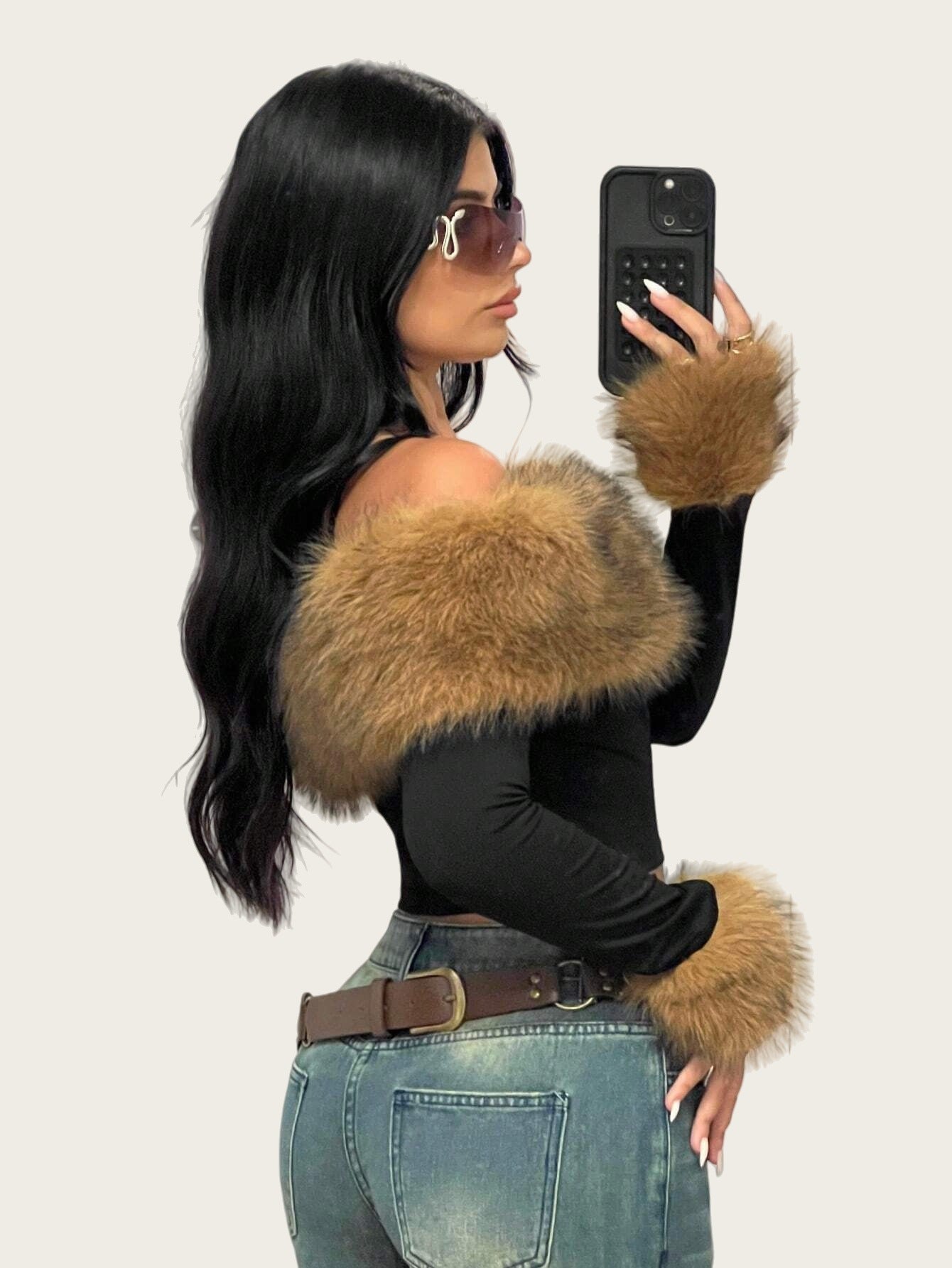 Chic Faux Fur Collar Off-Shoulder Long Sleeve Women's T-Shirt, Fashion Streetwear, Slim Fit, Casual Top for Spring and Autumn