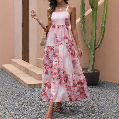 Real Shot Summer Strapless Ink Pocket Dress Beach Vacation Coconut Tree Bohemian Maxi Skirt