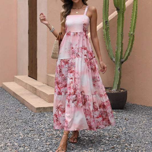 Real Shot Summer Strapless Ink Pocket Dress Beach Vacation Coconut Tree Bohemian Maxi Skirt