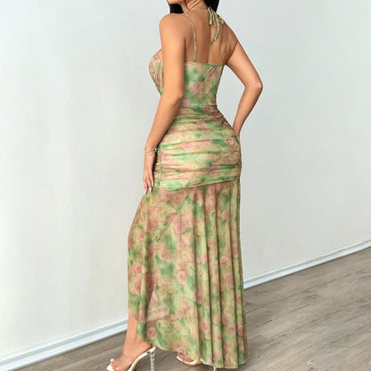 Printed floral camisole dress with sexy slit steel ring fishbone dress