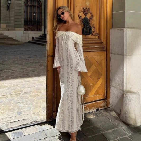 Subtle fairy style gentle one shoulder lace dress French style strapless waist cinched fish tail long skirt