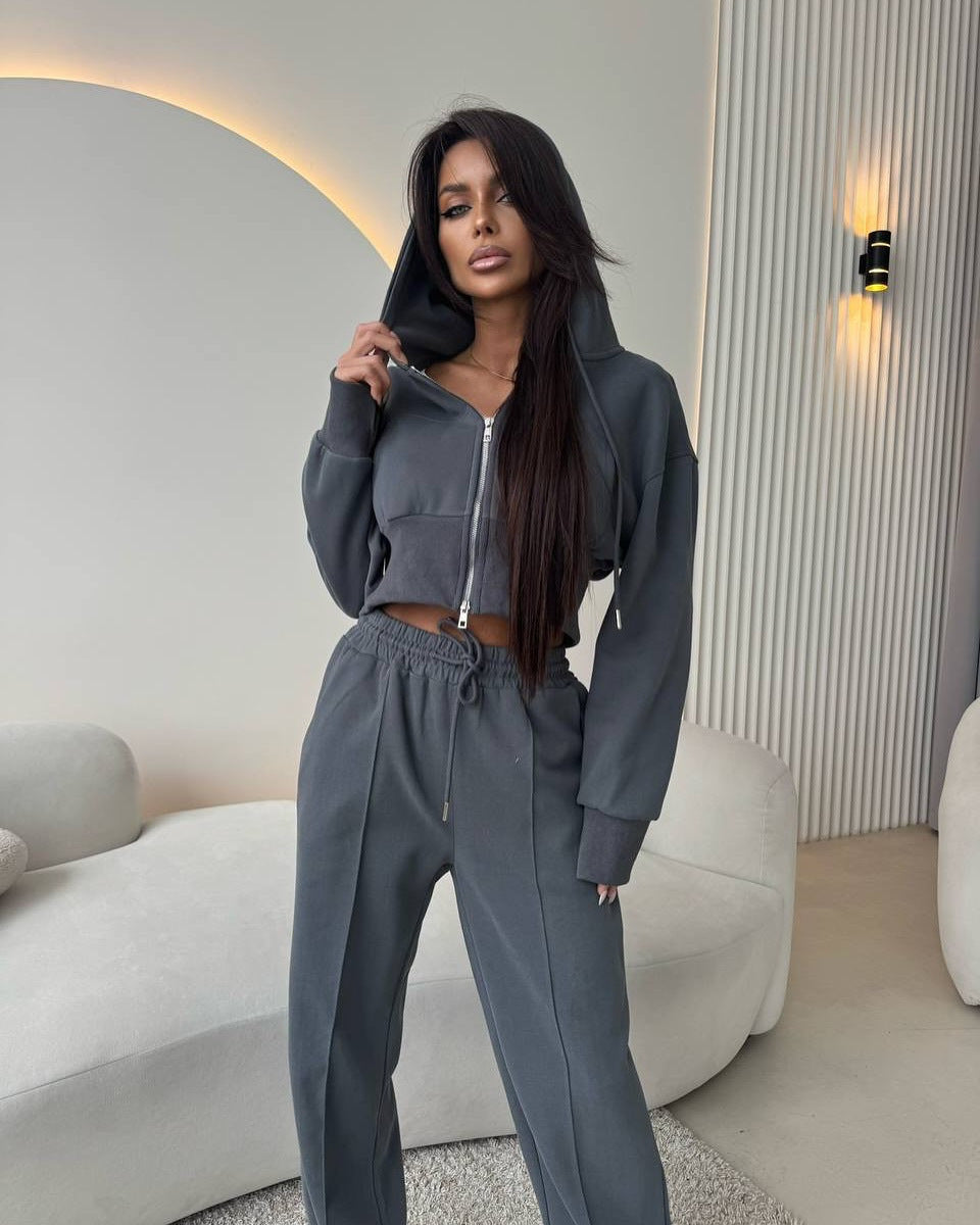 Waist up hooded sweatshirt tie up wide leg pants two-piece set