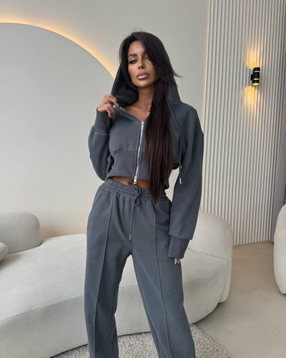 Waist up hooded sweatshirt tie up wide leg pants two-piece set
