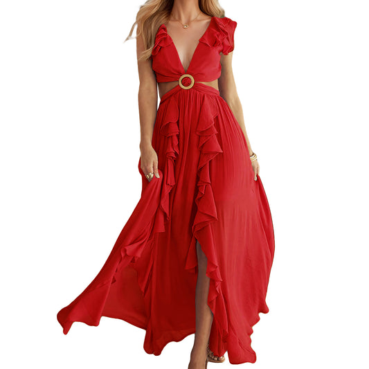 Sexy Fitted Backless Dress V-Neck Ruffle Slit Long Dress