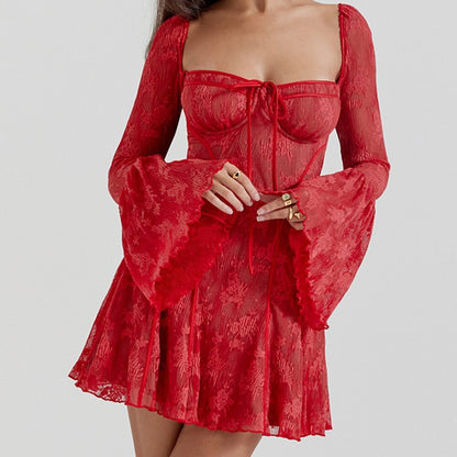 Sexy Black Lace Bodycon Dress with Tie-Up Detail for Women