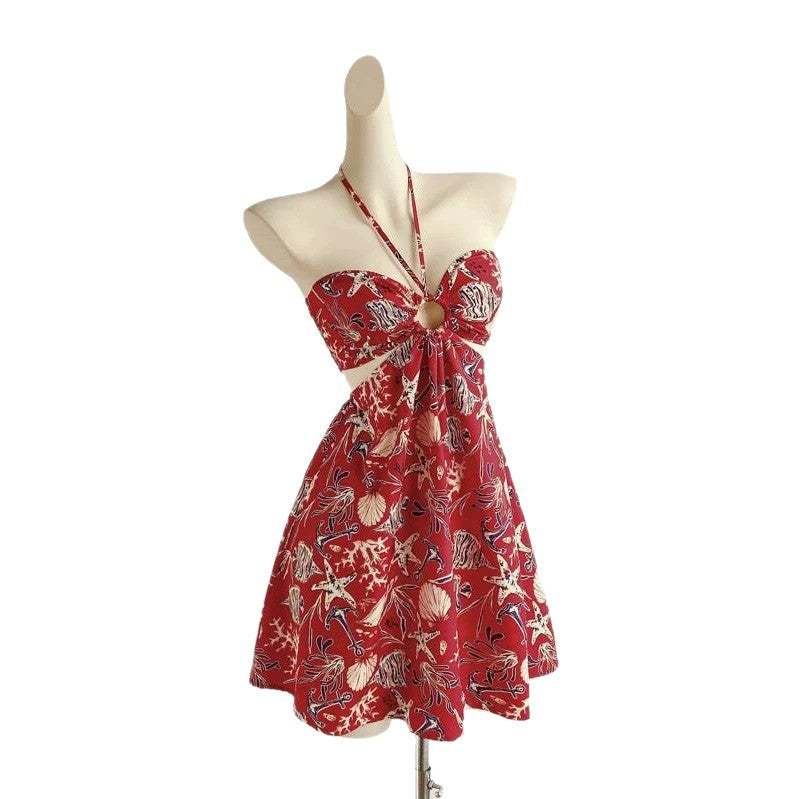Bohemian Beach Vacation Strapless Crop Top Dress Red Ocean Floral Cut-Out Waist Dress