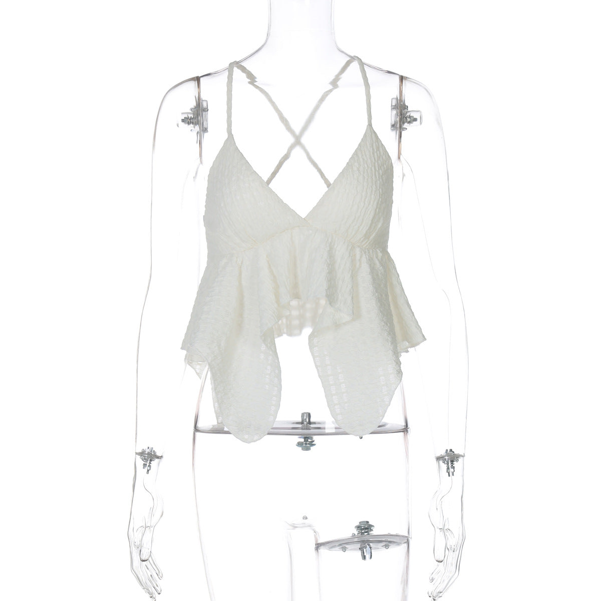 Women's Low-Cut V-Neck Solid Texture Halter Backless Crop Top