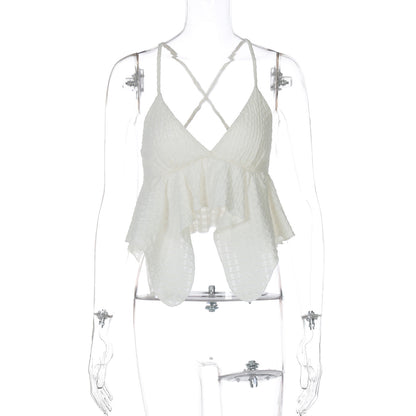 Women's Low-Cut V-Neck Solid Texture Halter Backless Crop Top