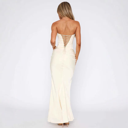 Halter Sexy Strapless Boned Fitted Bodycon High-Grade Satin Long Dress